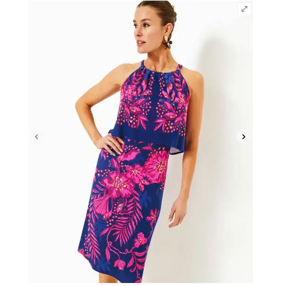 Lilly Pulitzer Tropical Stella Mae Floral Halter Popover Midi Dress M Blue Pink